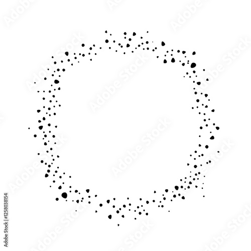 A minimalist frame of scattered abstract flecks and dots surrounding an open center on a stark white backdrop.