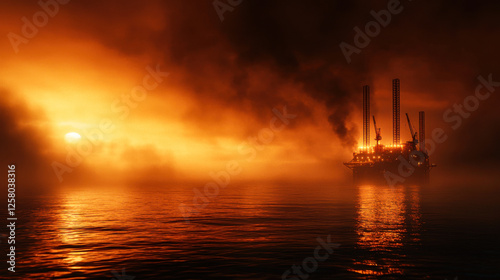 Offshore oil rig at dawn, glowing lights, dramatic sky, calm water