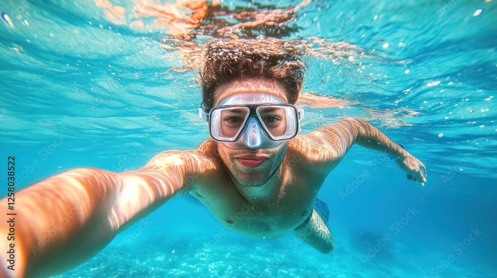 Fototapeta premium Underwater selfie of a man snorkeling in clear turquoise water.
