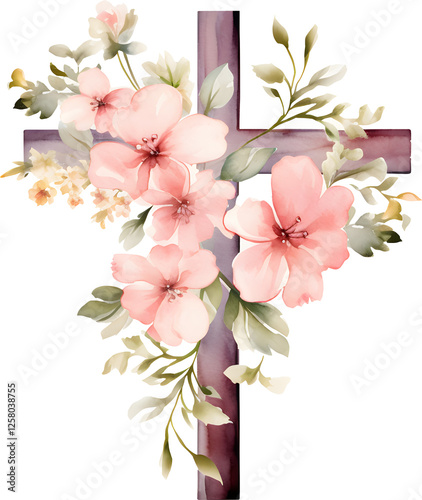 Watercolor wooden cross with flowers