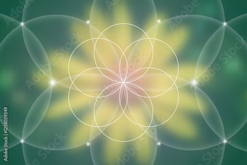 Sacred geometry, Flower of life. Mystical lotus spiritual new age futuristic illustration with transmutation interlocking circles, bright neon sign, symbol of harmony and balance, blurry background
