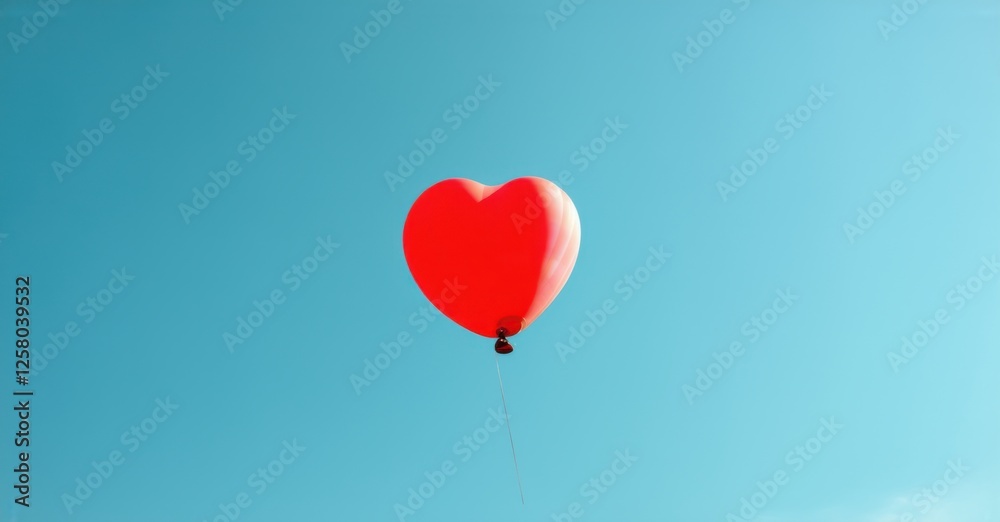 Fototapeta premium Red heart-shaped balloon drifts against a clear blue sky, its smooth surface reflecting sunlight. The vibrant contrast symbolizes love, freedom, and uplifting emotions