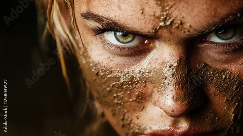 A captivating close-up of a resilient young woman covered in mud, exemplifying grit and strength with an unwavering gaze showcasing her determination against adversity.