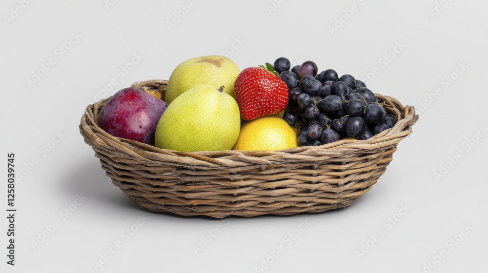 Fresh fruits in woven basket including apples, pears, strawberries, and grapes Fresh fruits in woven basket including apples, pears, strawberries, and grapes