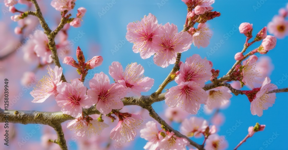 Delicate pink cherry blossoms bloom on tree branches against a clear blue sky. Soft petals and golden stamens capture the essence of spring, renewal, and natural beauty Delicate pink cherry blossoms bloom on tree branches against a clear blue sky. Soft petals and golden stamens capture the essence of spring, renewal, and natural beauty