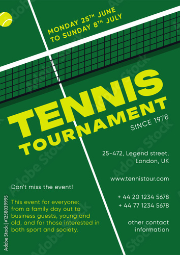 Tennis tournament, advertising poster design. Court game, sports event, match and championship, promotion flyer template. Vertical card,promo banner with net and ball. Flat vector illustration