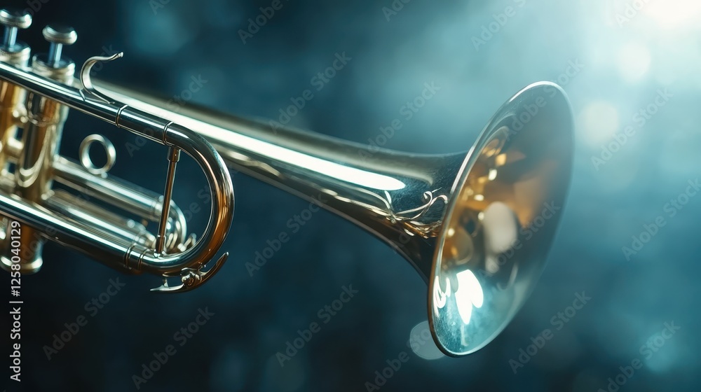 Obraz premium A close-up shot of a brass trumpet showcasing intricate design and reflective surfaces, capturing the elegance of musical instruments in stunning detail and light.
