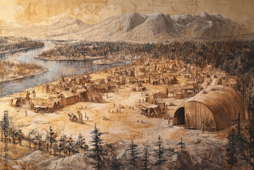Historical settlement depicting daily life in a pre-colonial village near a river surrounded by mountains
