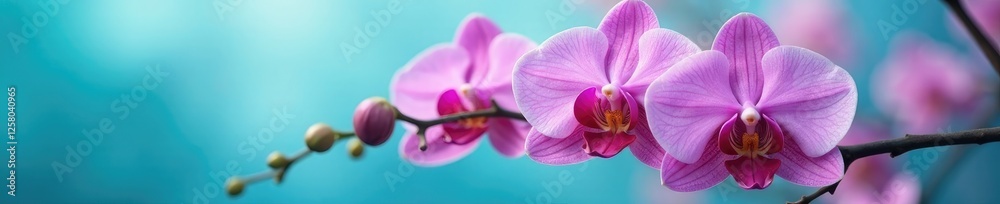 Delicate petals unfolding on an orchid branch, cyan skies, f flowers