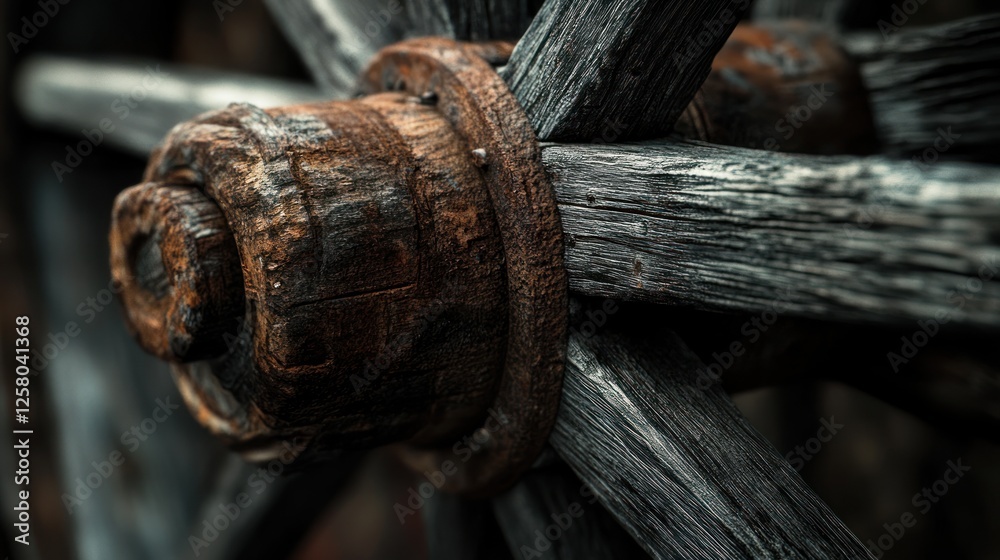 Antique wooden wagon wheel, detailed close-up of aged wood and rusted metal rim