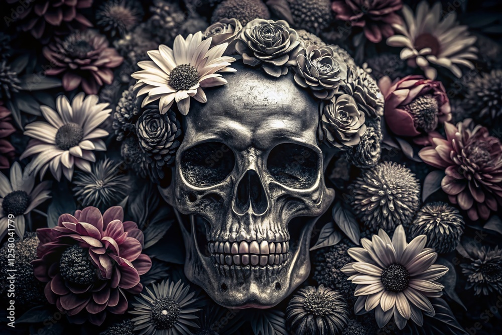 Dark Gothic Memorial Day Pattern: Intricate Macro Floral Skull Drawing Dark Gothic Memorial Day Pattern: Intricate Macro Floral Skull Drawing