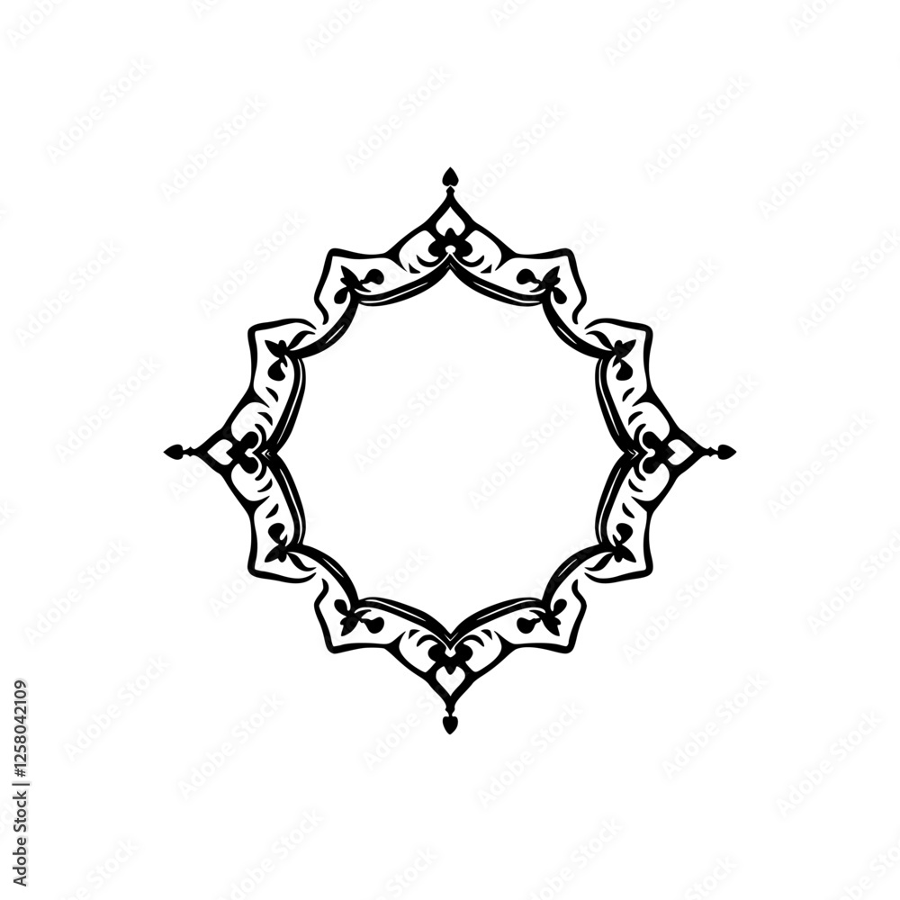 Intricate ornate star-shaped design, black on white, detailed symmetrical frame, stylized floral elements. Intricate ornate star-shaped design, black on white, detailed symmetrical frame, stylized floral elements.