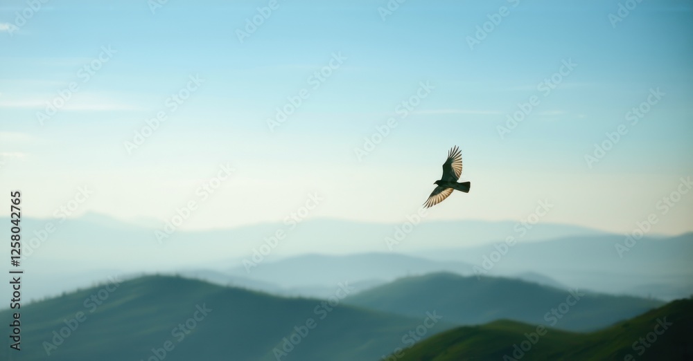 Silhouette of a bird soaring over rolling green hills with distant misty mountains. Expansive sky with soft clouds enhances the sense of freedom and peaceful flight Silhouette of a bird soaring over rolling green hills with distant misty mountains. Expansive sky with soft clouds enhances the sense of freedom and peaceful flight