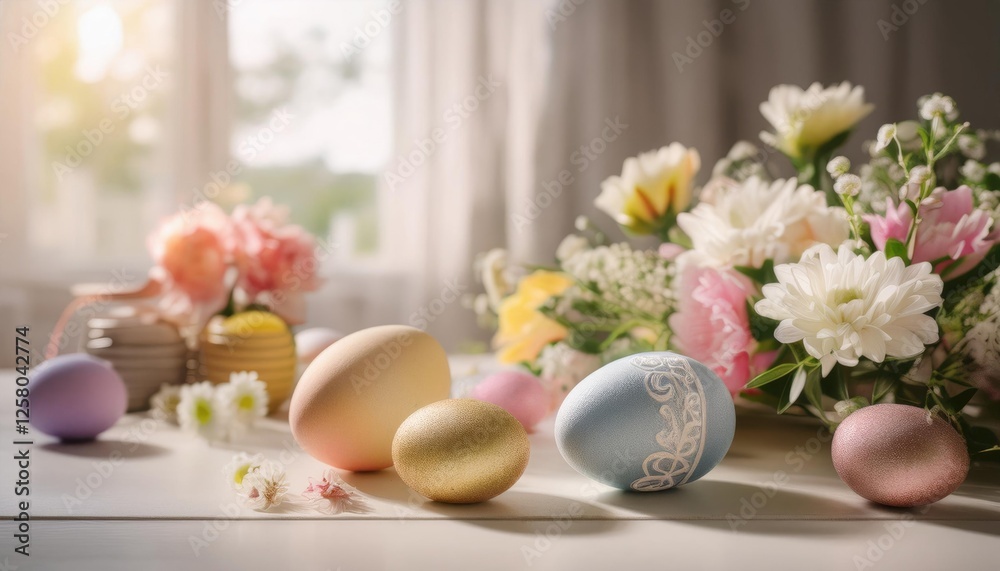 Easter eggs with flowers on a white table Easter eggs with flowers on a white table