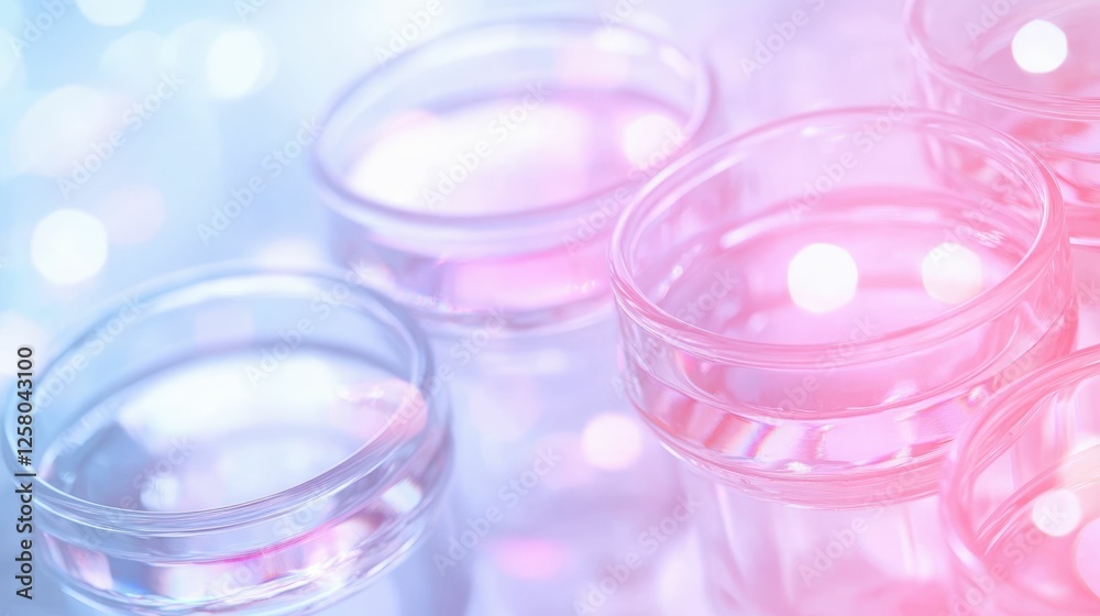 Soft focus laboratory glassware with pink and blue lighting for science and technology concepts Soft focus laboratory glassware with pink and blue lighting for science and technology concepts