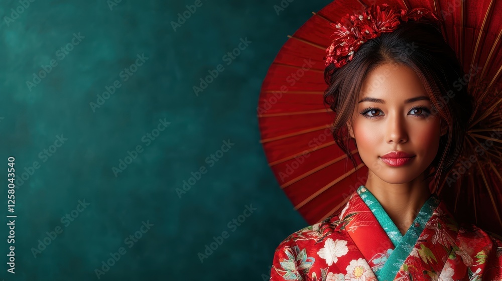 A graceful woman holding a red parasol in a traditional kimono, exuding beauty and cultural richness against a harmonious green backdrop that enhances her elegance. A graceful woman holding a red parasol in a traditional kimono, exuding beauty and cultural richness against a harmonious green backdrop that enhances her elegance.