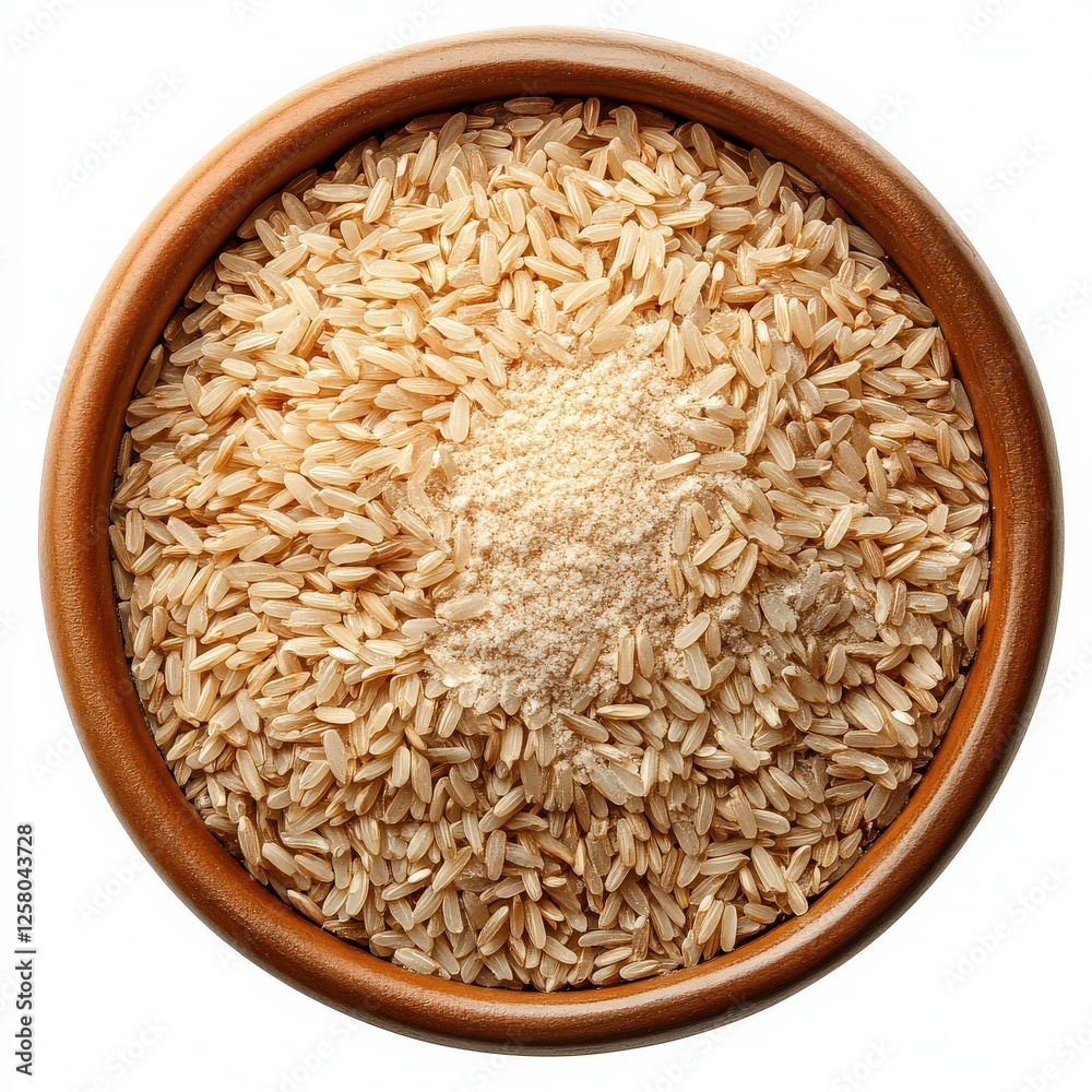 Brown Rice Flour. Top View of Ceramic Bowl with Brown Rice Flour Powder Brown Rice Flour. Top View of Ceramic Bowl with Brown Rice Flour Powder