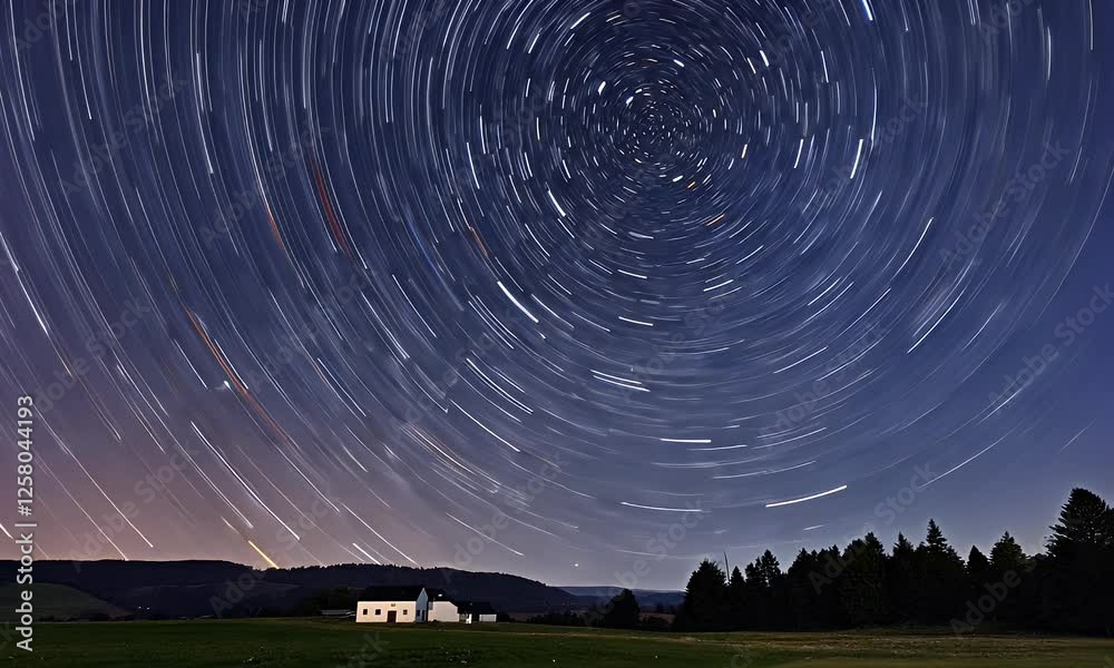 Star trails over rural house, night sky, long exposure, nature photography