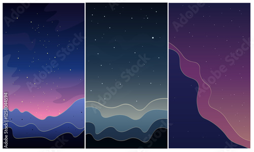 Set Of Three Abstract Mobile Phone Stories Wallpaper Celestial Sky Night Stars Golden Waves Vector Design