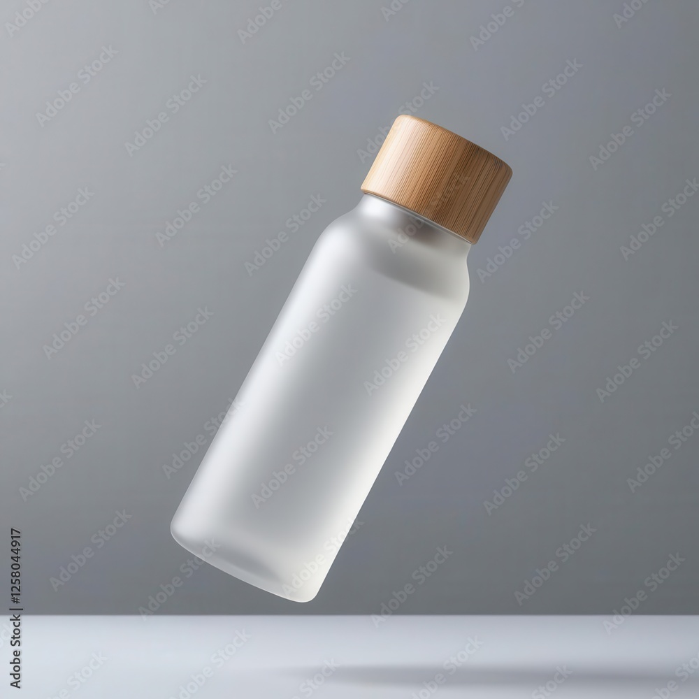 Minimalistic design of a glass water bottle with a wooden cap, floating in the air template mockup. Minimalistic design of a glass water bottle with a wooden cap, floating in the air template mockup.