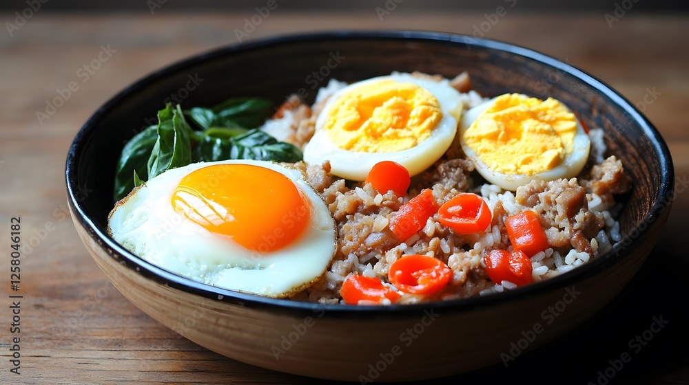 Delicious Fried Egg with Rice, Minced Pork, and Chili Bowl Delicious Fried Egg with Rice, Minced Pork, and Chili Bowl