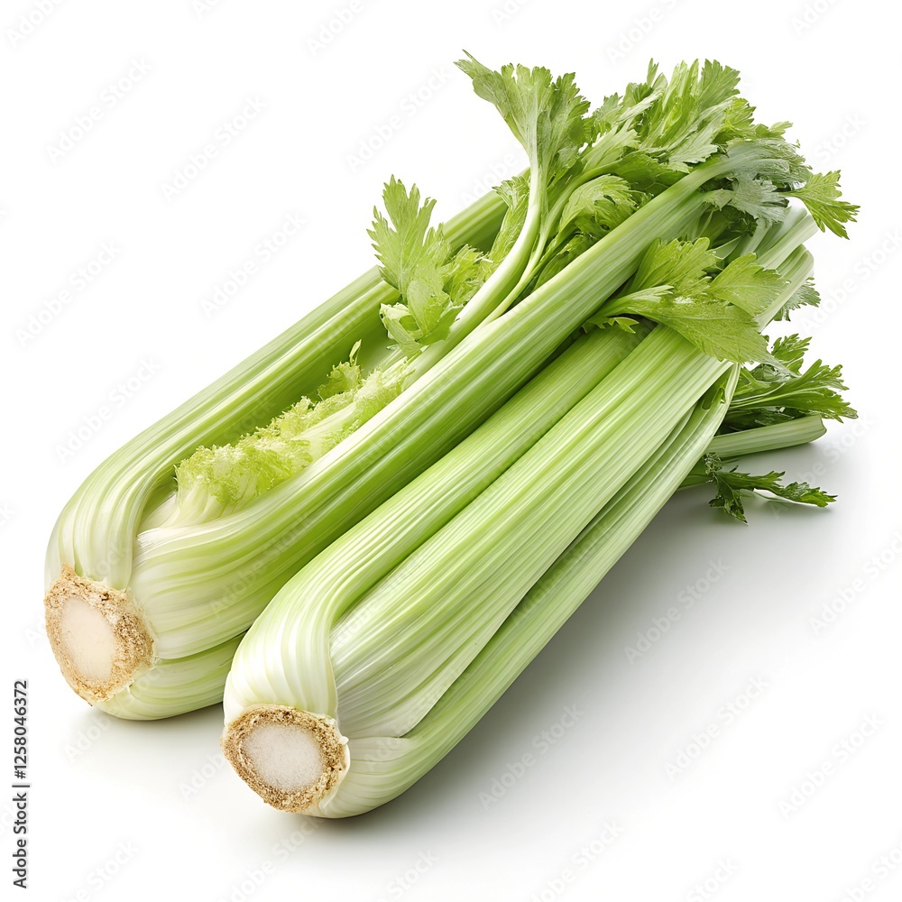 Ultra-Realistic Fresh Celery with Crisp Green Stalks, Vivid Leaves, and Highly Detailed Texture on a Pure White Background Ultra-Realistic Fresh Celery with Crisp Green Stalks, Vivid Leaves, and Highly Detailed Texture on a Pure White Background