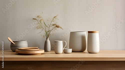 Wallpaper Mural Stylish Minimalist Kitchenware Set Ceramic Bowls Mug Vase and Wooden Accents on Table Torontodigital.ca