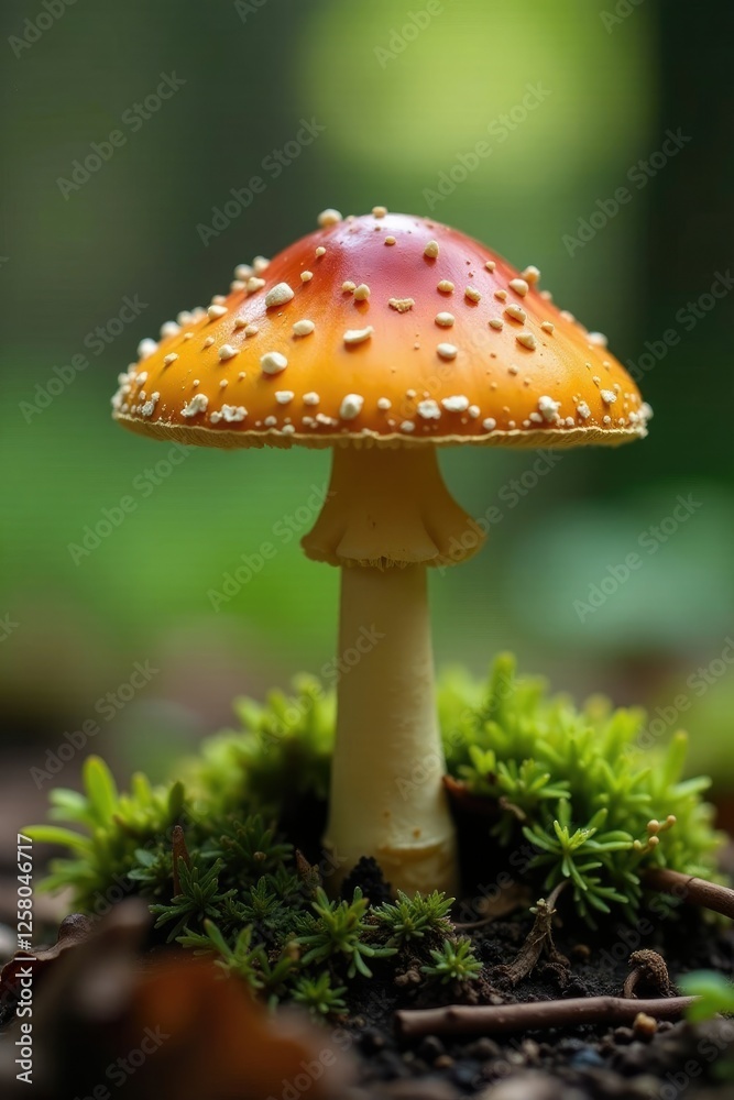 Fototapeta premium Orange-colored toadstool with an orange-brown cap and short stem in the undergrowth, growth, stems, nature