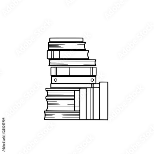 Stacked Books: Simple, Vector Illustration of Multiple Books, Black Outline on White.