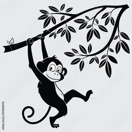  A monkey swinging from a tree branch silhouette design art with illustration