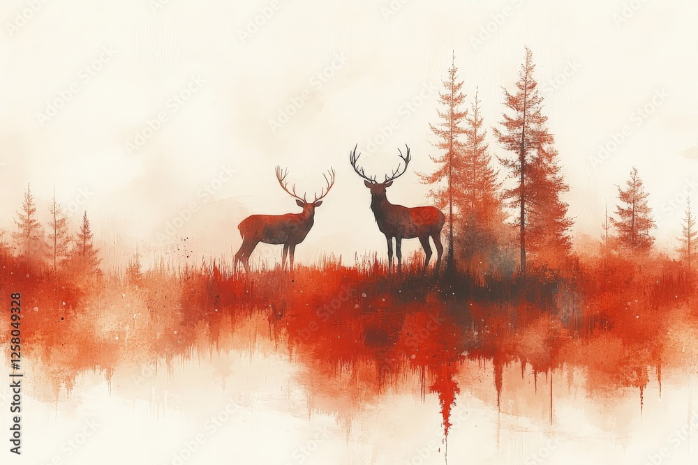 Two majestic deer standing in a misty, autumn forest with vibrant red and orange foliage during sunrise Two majestic deer standing in a misty, autumn forest with vibrant red and orange foliage during sunrise