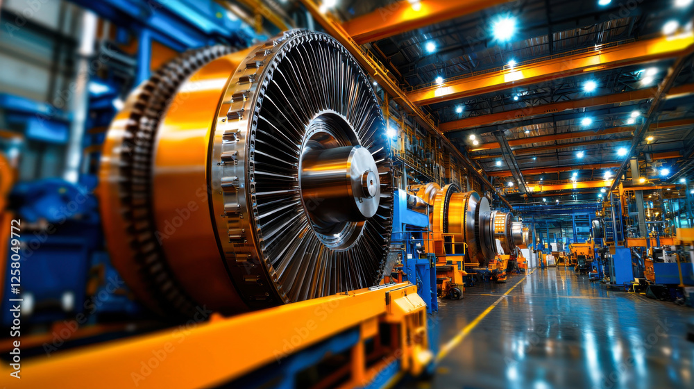 Massive steam turbines in factory setting, showcasing industrial machinery and engineering Massive steam turbines in factory setting, showcasing industrial machinery and engineering