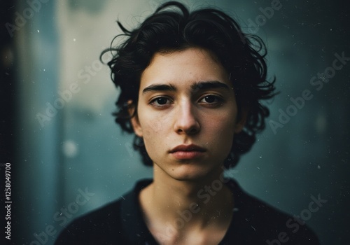 Moody Portrait of a Young Person in Thoughtful Expression, Grunge Style, Close-Up Photograph