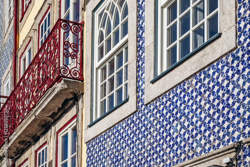 Close-up of a facade in Porto covered with traditional ceramic tiles (azulejos)