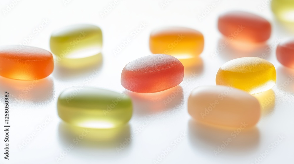 Gummy vitamins, multivitamin gels in various colors and sizes on white background. Gummy vitamins, multivitamin gels in various colors and sizes on white background.