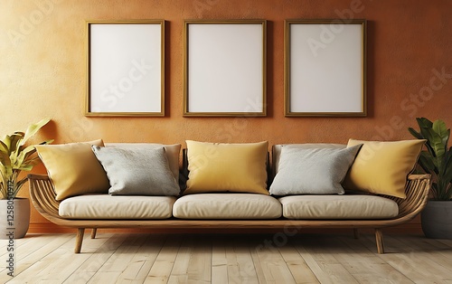 Modern living room, orange wall, rattan sofa, mockup frames