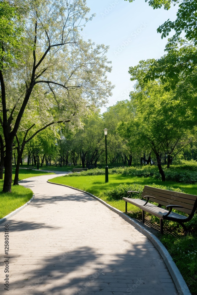 Obraz premium A park with a path and a bench. The bench is empty. The path is lined with trees