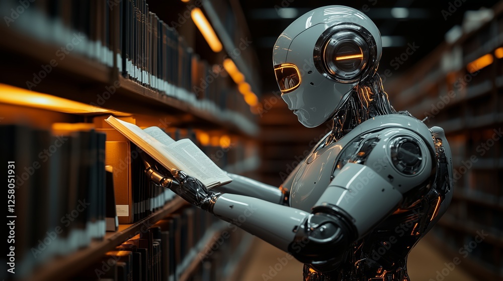 The robot’s hand reaching for a book in a library with orange neon accents. 1 The robot’s hand reaching for a book in a library with orange neon accents. 1