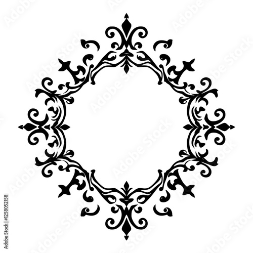 Ornamented, abstract, black and white floral frame with ornate curves and flourishes, set against a white background.