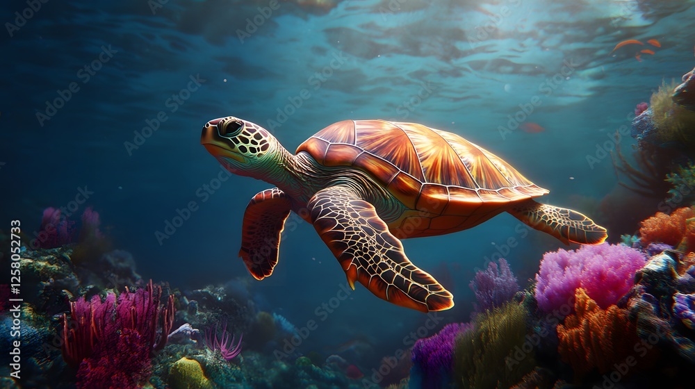 Fototapeta premium Majestic Sea Turtle Swimming Through Vibrant Coral Reef Scene