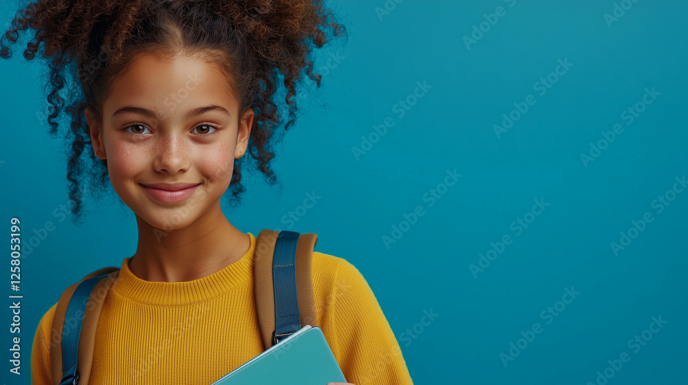 Obraz premium Confident Teenage Girl with Backpack and Notebook for School