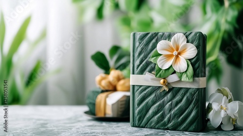 Gift book with flower decoration, indoor scene, natural light photo