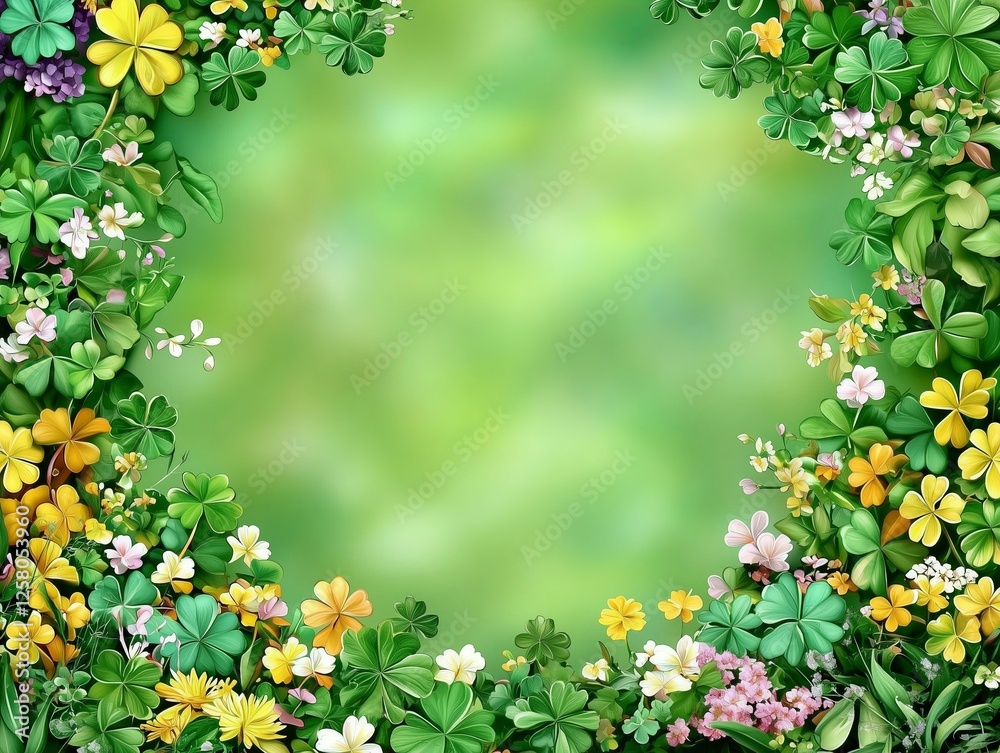 Fototapeta premium Floral border with vibrant flowers and greenery on a soft green background.