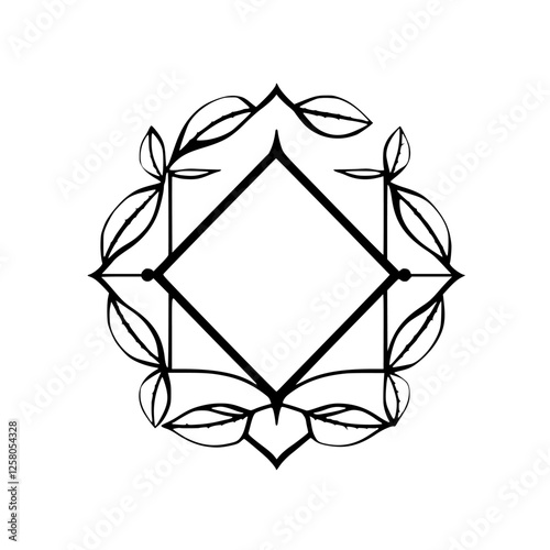 Geometric floral frame, a minimalist, black and white composition with a central diamond shape.