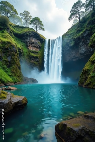 Turquoise pool reflections shimmering in waterfalls misty veil, turquoise, highland, glen brittle