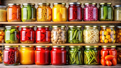 Colorful vegetable jars in a pantry, canned goods, homeware decor ,  canned goods