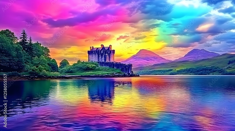 Fototapeta premium Vibrant Rainbow Castle Lake Landscape- Magical Sunset Scenery