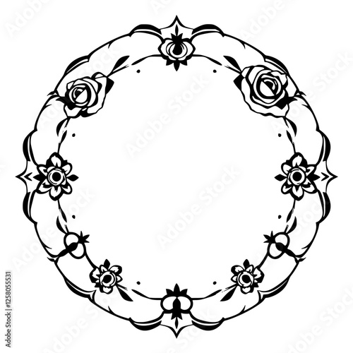 Decorative Floral Circle Frame in Black and White: An elegant symmetrical design with roses and other floral elements.