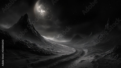 Black background with fantasy dark surreal landscape, artistic and dreamlike