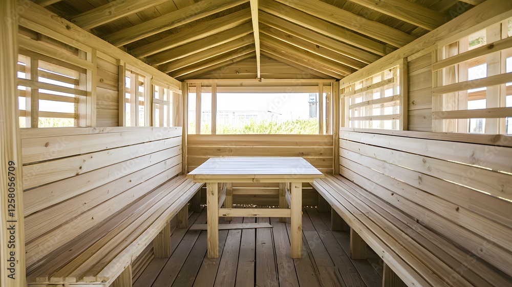 Fototapeta premium Wooden Gazebo with Benches and Table- Peaceful Outdoor Structure